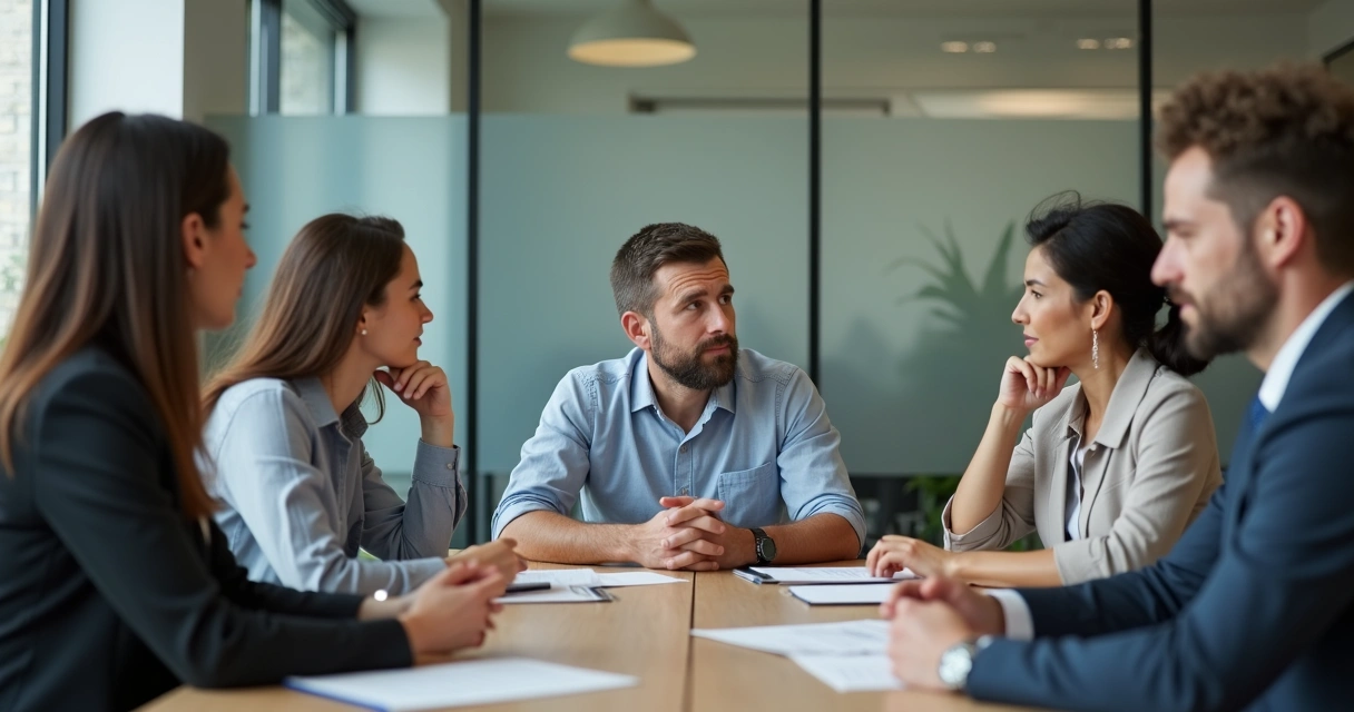 Leader listening quietly in a meeting room, team members seated around a table, some speaking, others in reflective poses