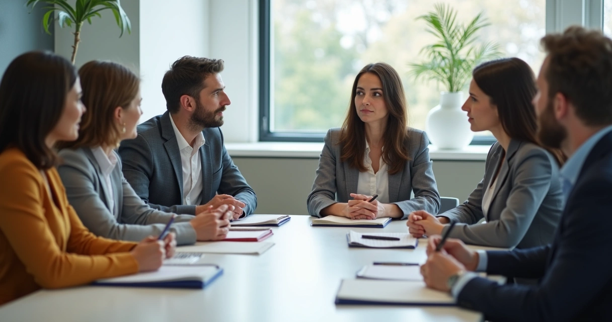 Leader listening while team members share views at a roundtable
