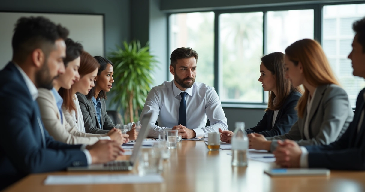 Leader calmly listening to a team meeting 
