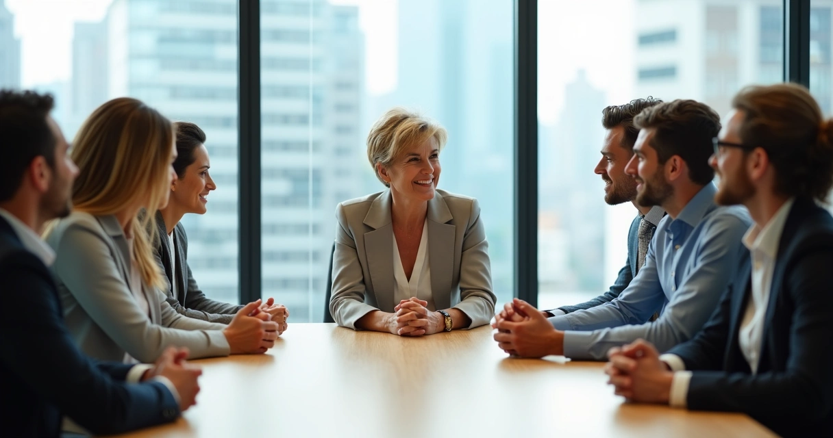 Business team leader listening to colleagues in modern meeting room 