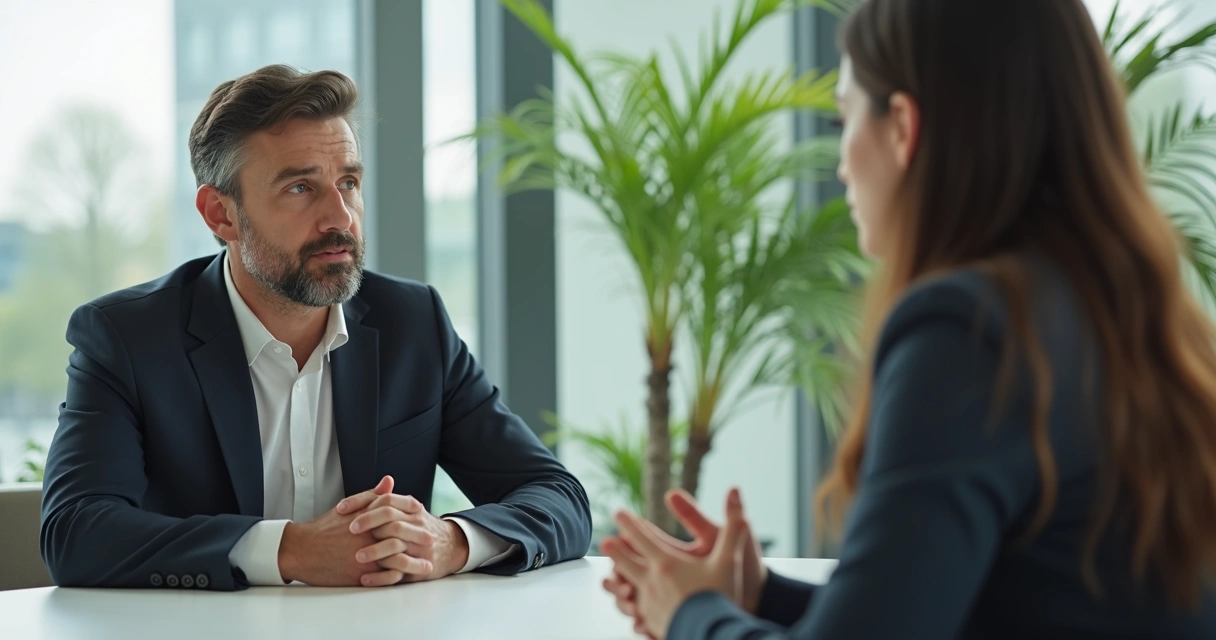 Leader listening to team member in calm discussion at desk 