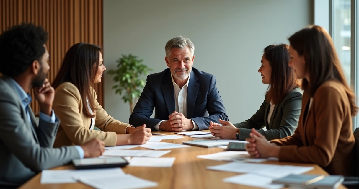 Leader listening to a diverse team in a meeting 
