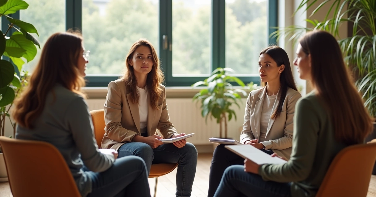 Leader listening while team members speak in a circle 