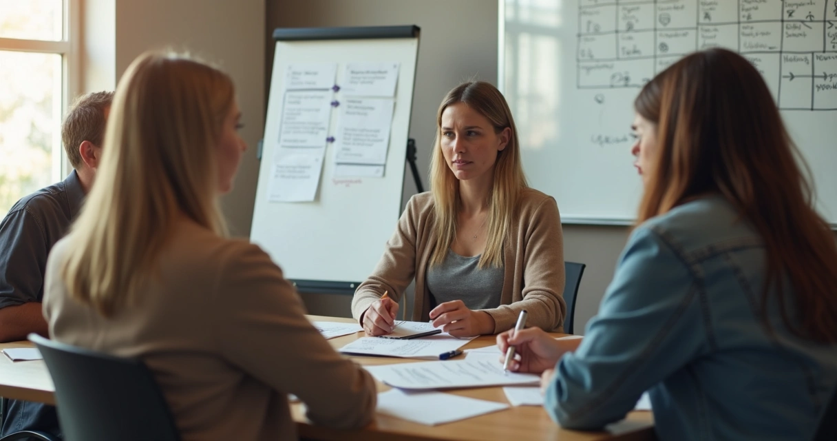 Leader listening while team members speak in a circle 