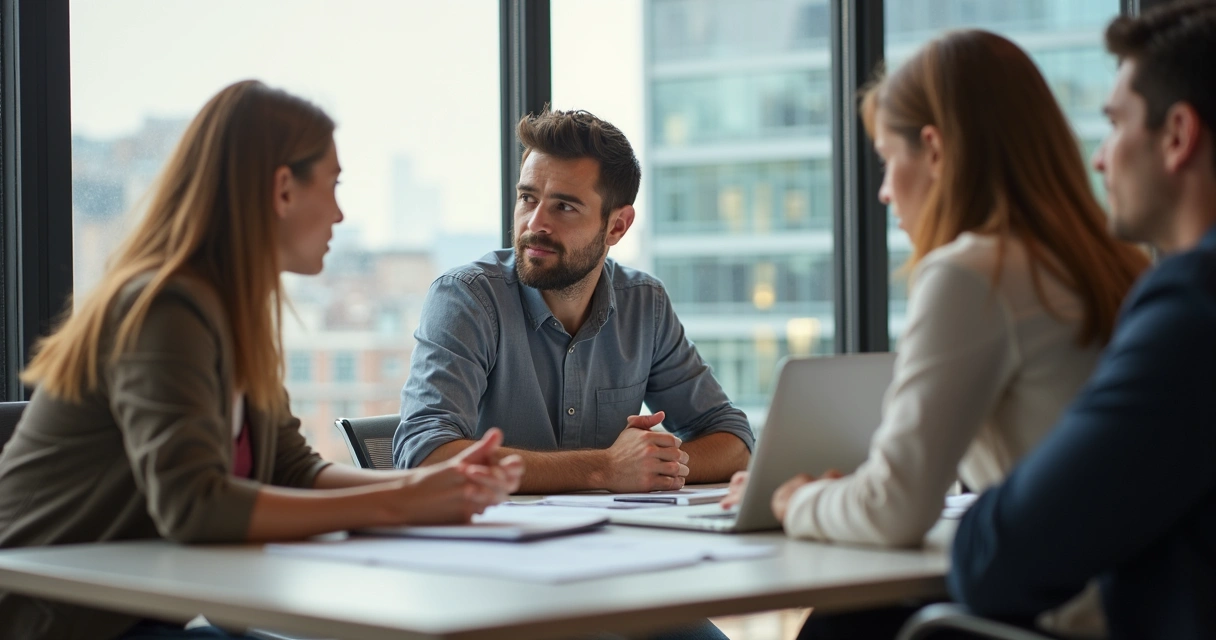 A leader listens carefully to a team of colleagues 