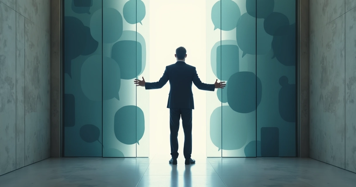 Business leader standing between two closed doors made of overlapping speech bubbles 
