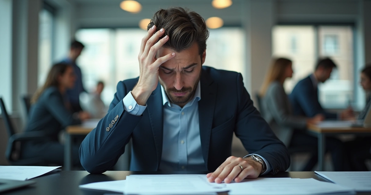 Concerned team leader sitting at desk in office