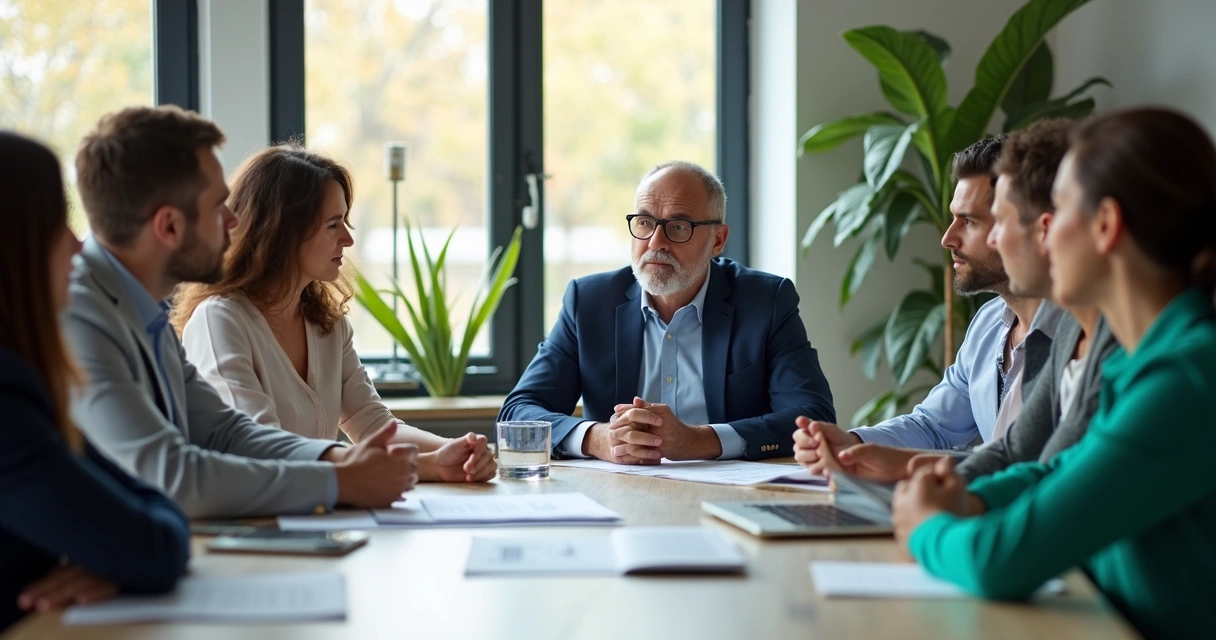 Leader discussing with team around table 