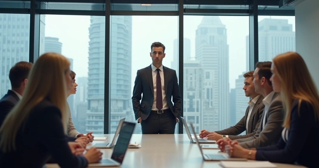 Leader in business attire looking thoughtful after a mistake with team in office