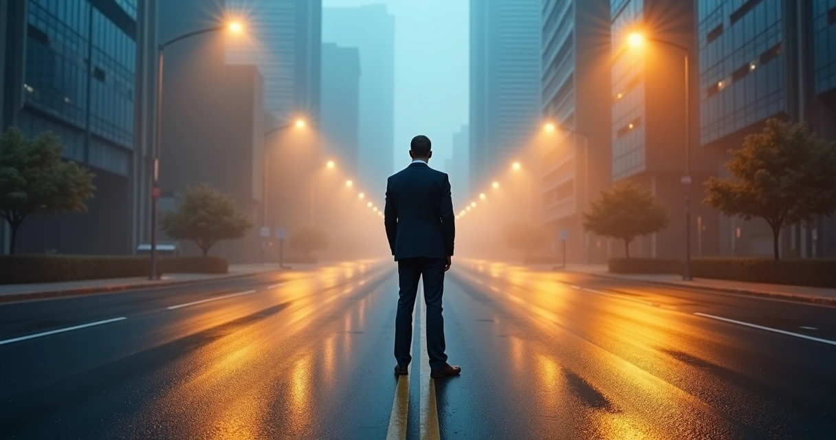 Business leader standing at a crossroads in foggy city light 