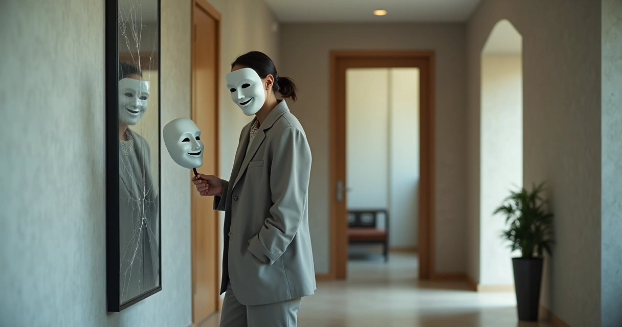 Leader holding a smiling mask beside a cracked mirror reflection 