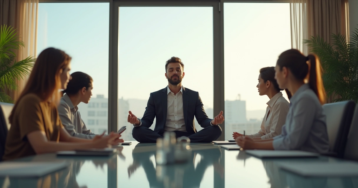 Business leader meditating in a conference room with colleagues in background 
