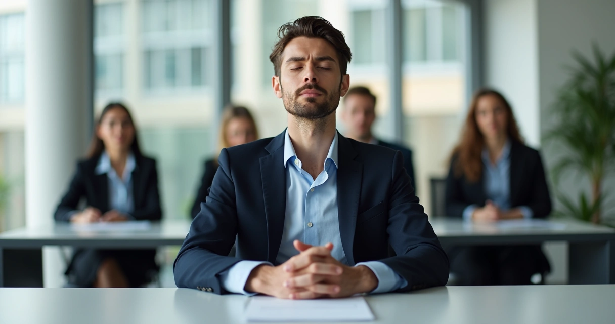 Calm business leader meditating at a desk before a team meeting 