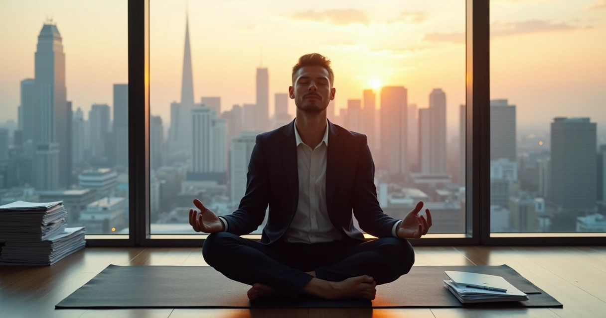 Leader meditating cross-legged in an office overlooking a city skyline 