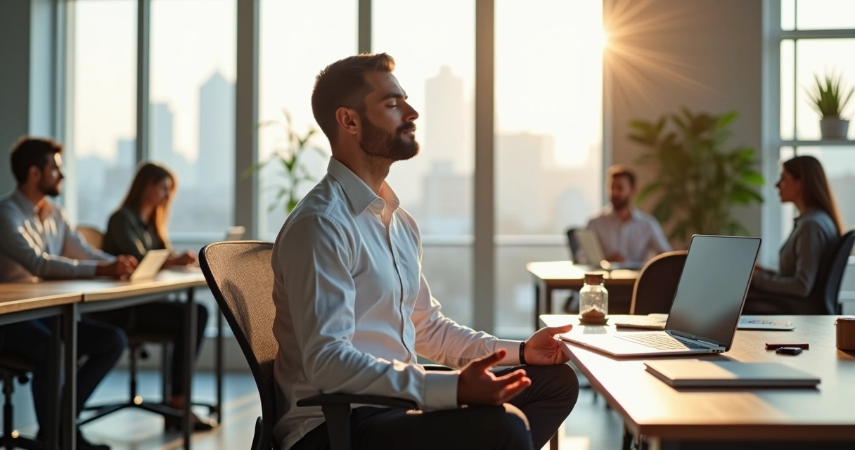 Calm leader meditating at desk in modern office with diverse team working nearby 