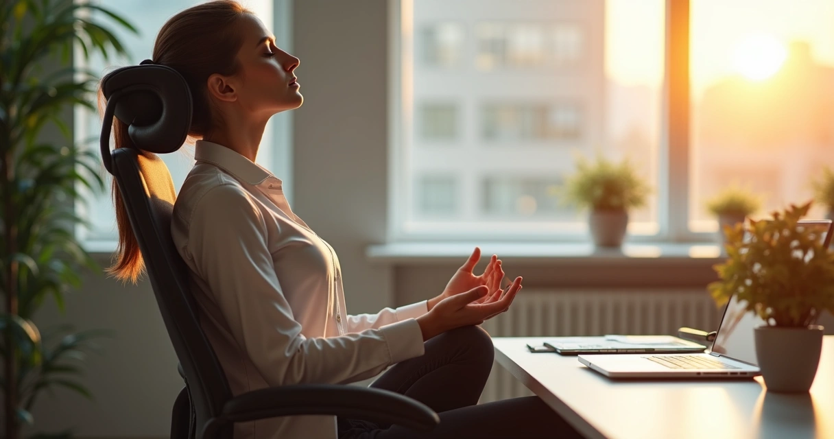 Leader in an office chair, eyes closed, meditating peacefully 