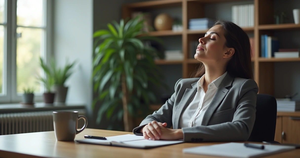 Leader sitting at a desk practicing meditation with eyes closed 