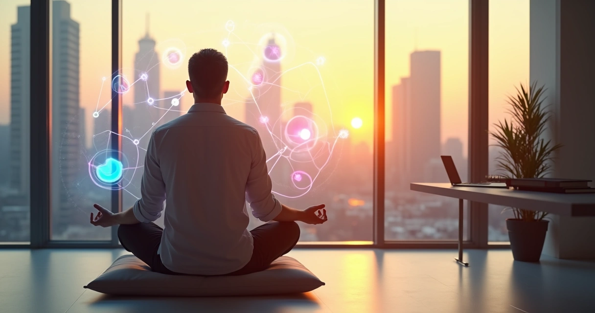 Business leader meditating in office surrounded by flexible mind visuals 