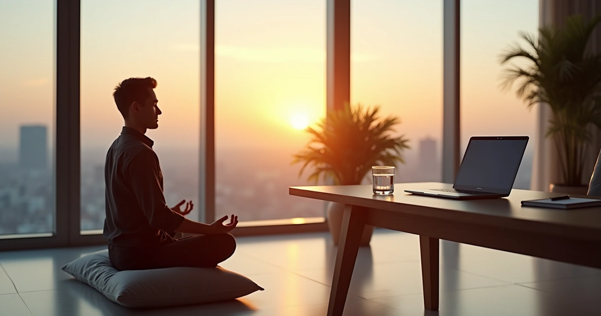 Leader meditating in a modern office at sunrise 
