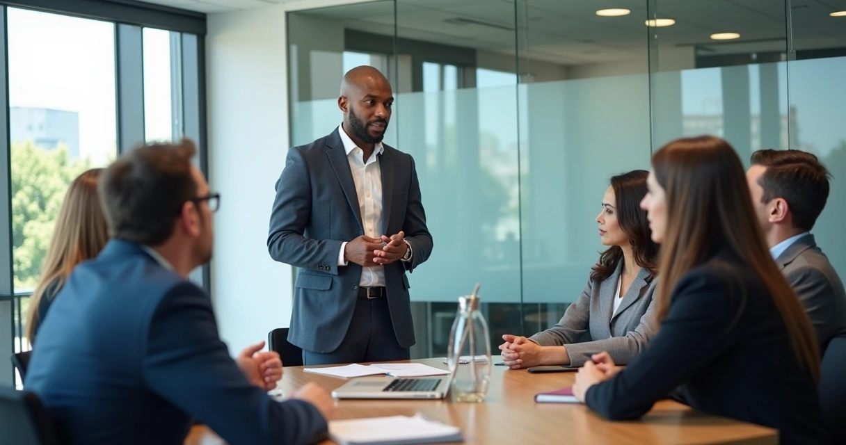 Leader speaking in a meeting while team watches facial cues