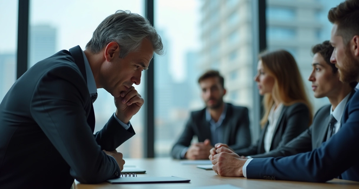 Leader reflecting during a group meeting, colleagues visible in the background. 