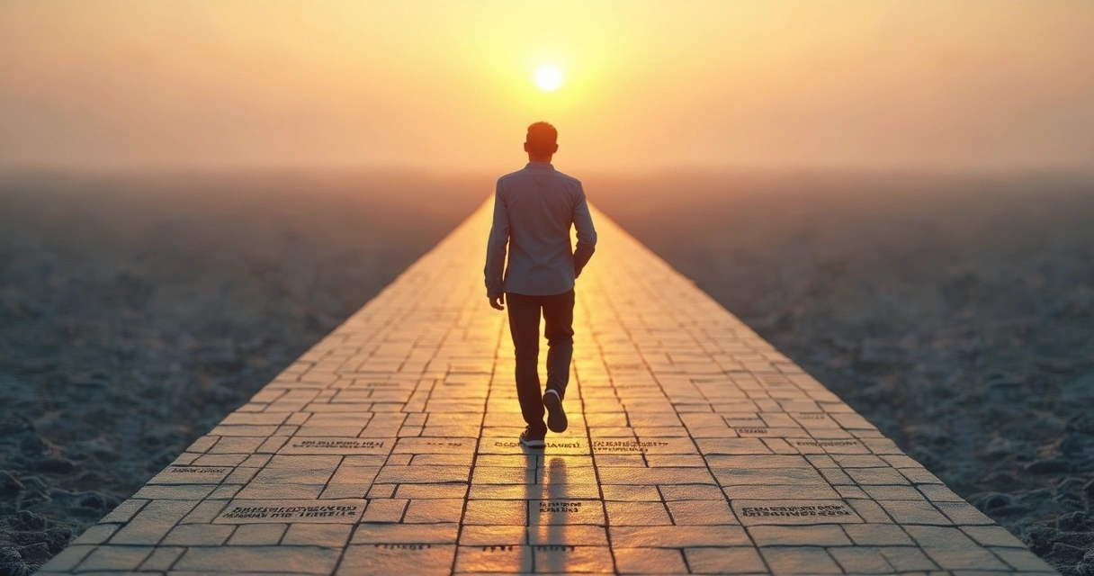 Leader walking on a path made of tiny decisions toward a bright horizon 