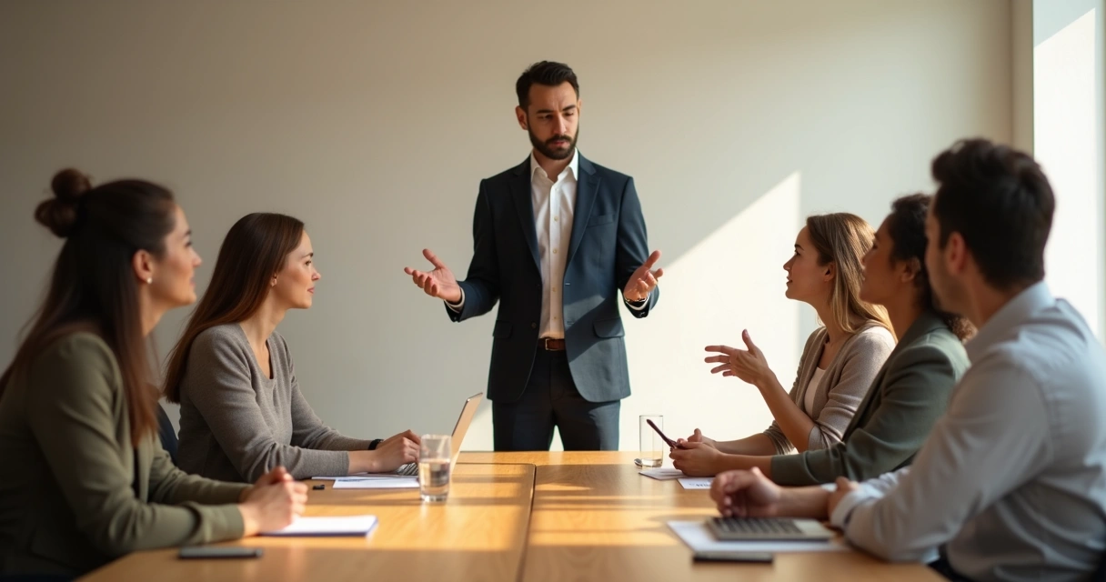 Leader pausing with open hand gesture surrounded by subtle micro-reactions in a meeting 