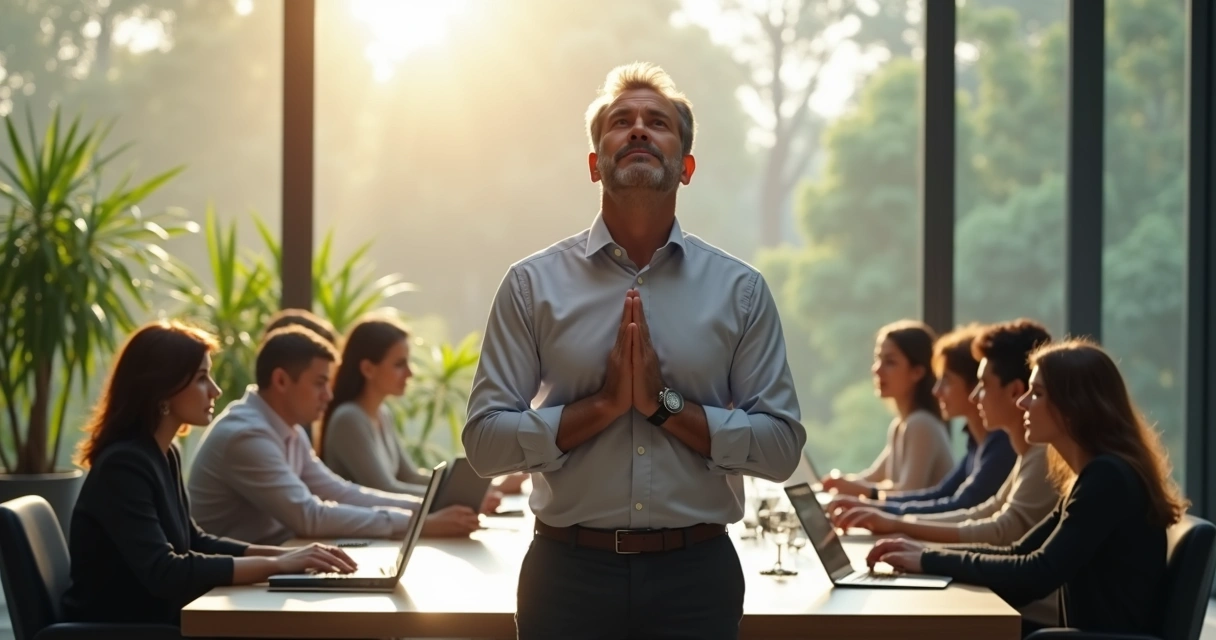 Leader taking a deep breath in an office with colleagues watching.