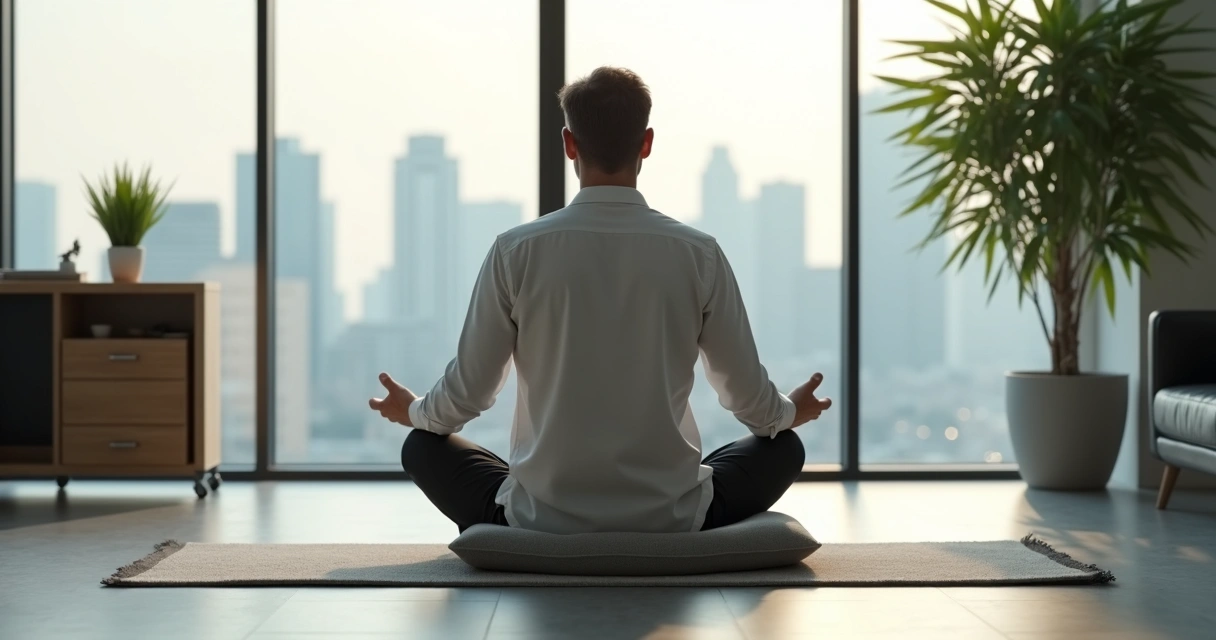 Professional leader meditating at a window with calm city view