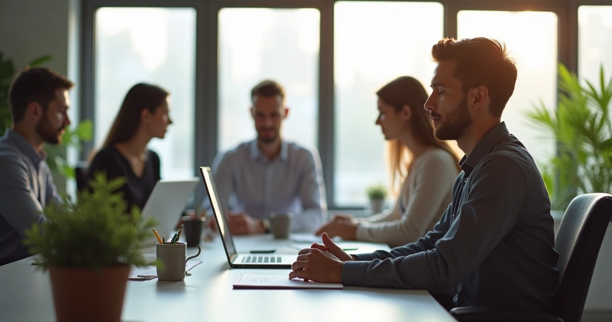 Leader practicing mindfulness at a desk surrounded by team members