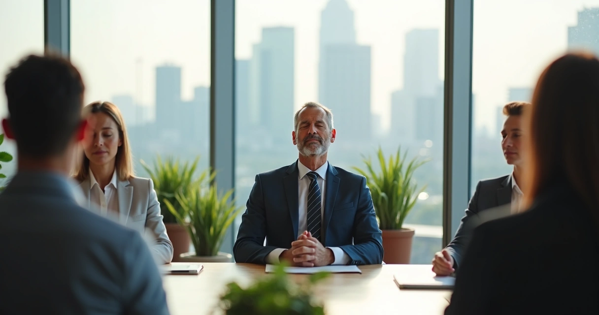 Group of people sitting in a modern office practicing mindful breathing together