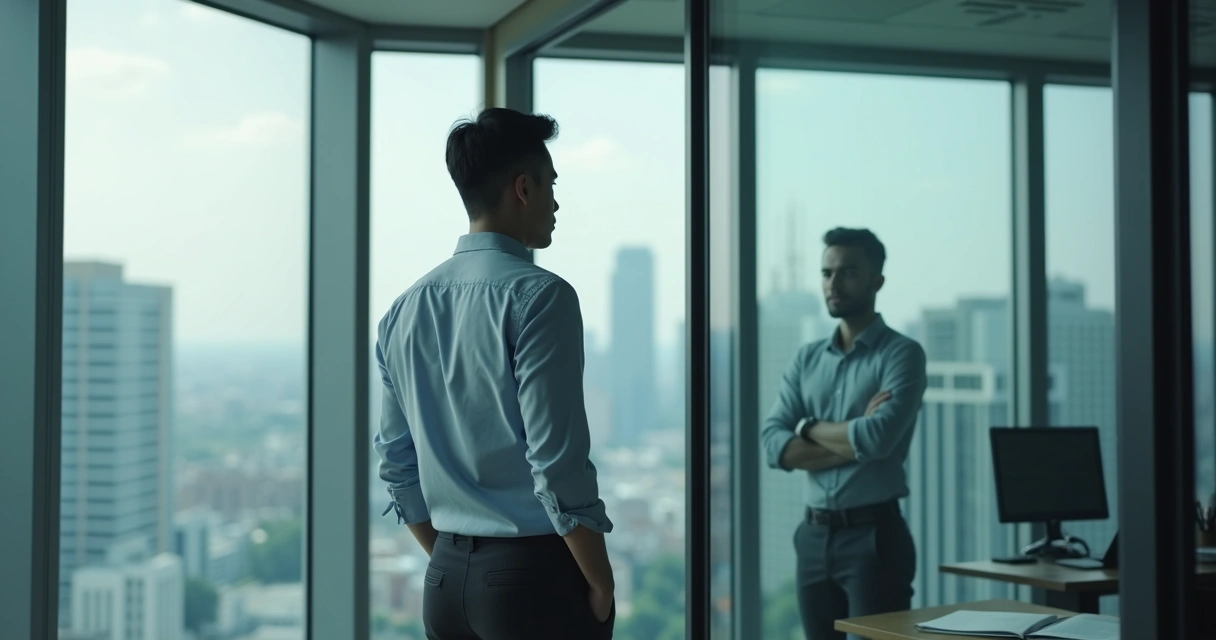 Person looking at mirror in office reflection 