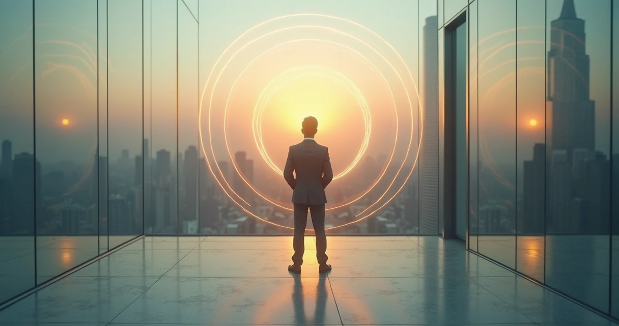 Leader standing before glass windows with a city skyline reflection 