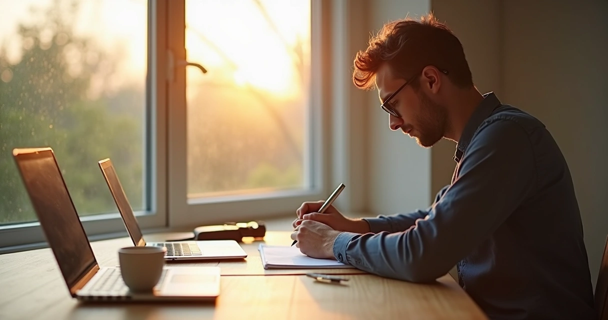 Leader writing in a journal at a desk by a window
