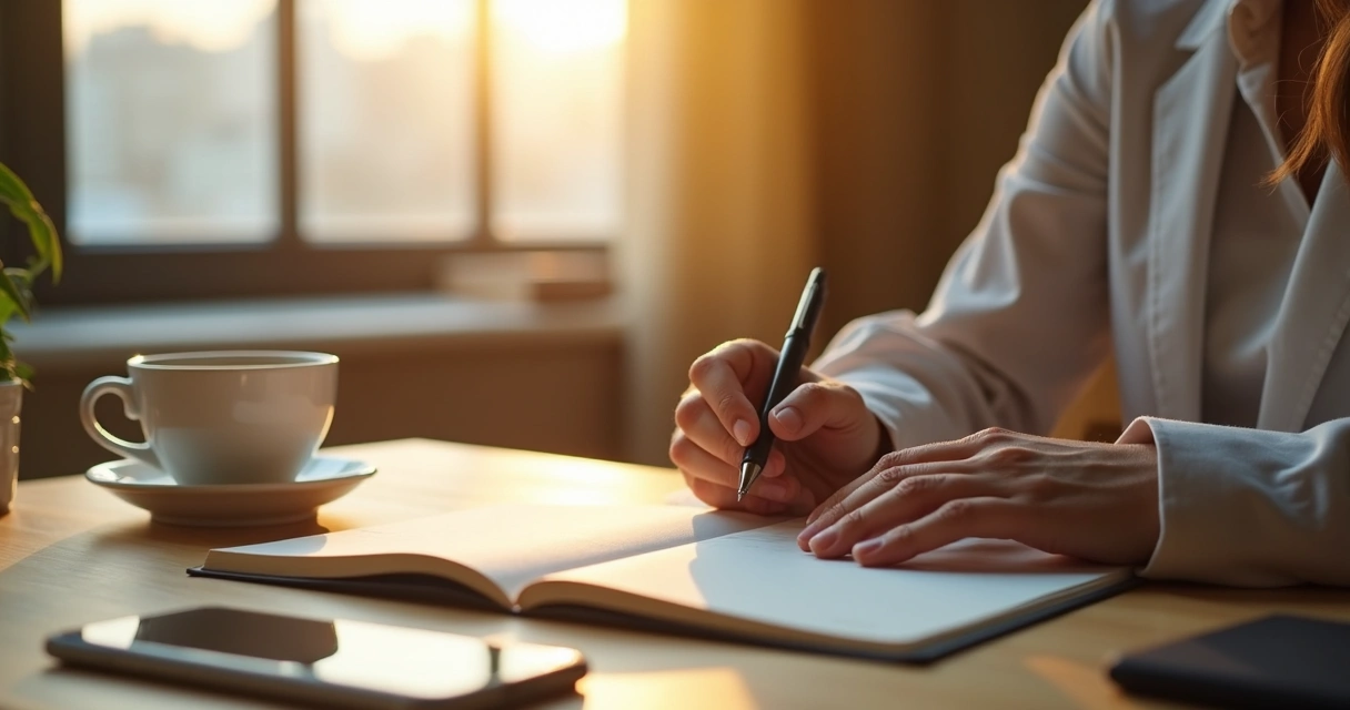 Leader writing in a journal at sunrise desk 