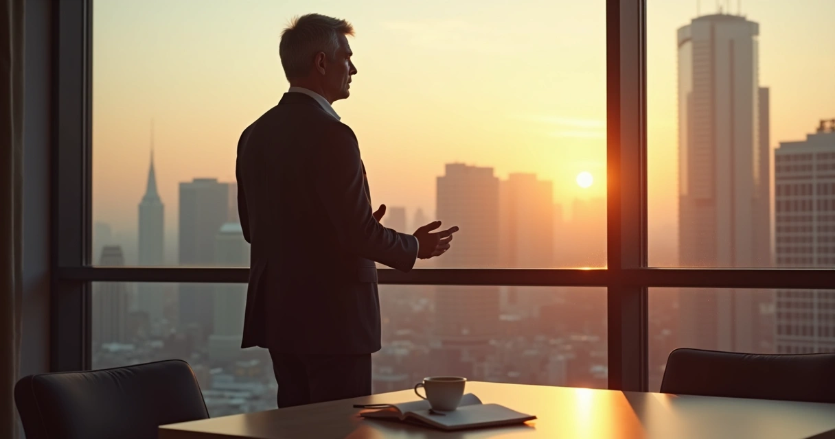 Leader standing by large window reflecting in the morning