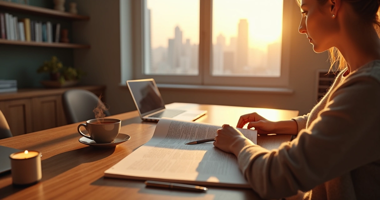 Leader at sunrise desk arranging objects into a calm work ritual 