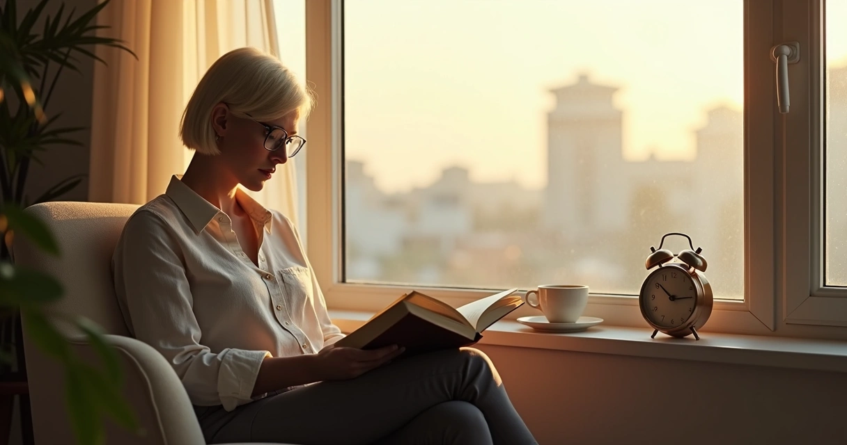 Leader at home reading in morning light by a window