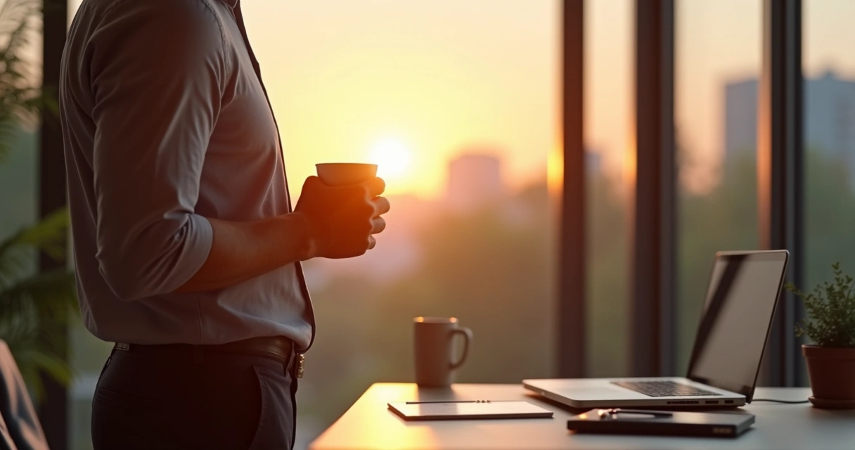 Person in relaxed business attire looking out a window, holding a coffee mug, with a sunrise in the background 