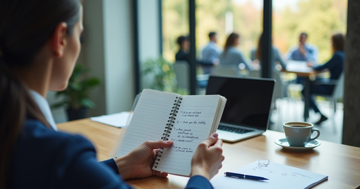Leader reviewing notes before a team meeting at a desk 