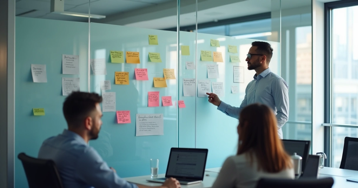Leader reviewing feedback notes on a glass board