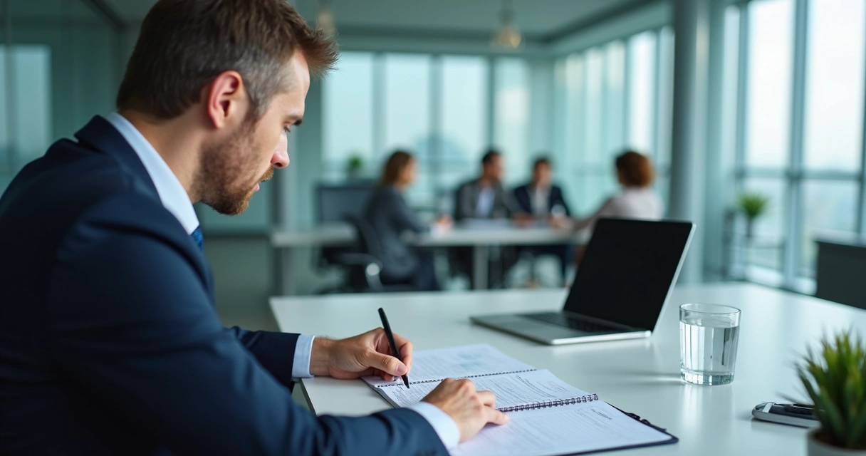 Leader reviewing notes before a team meeting 