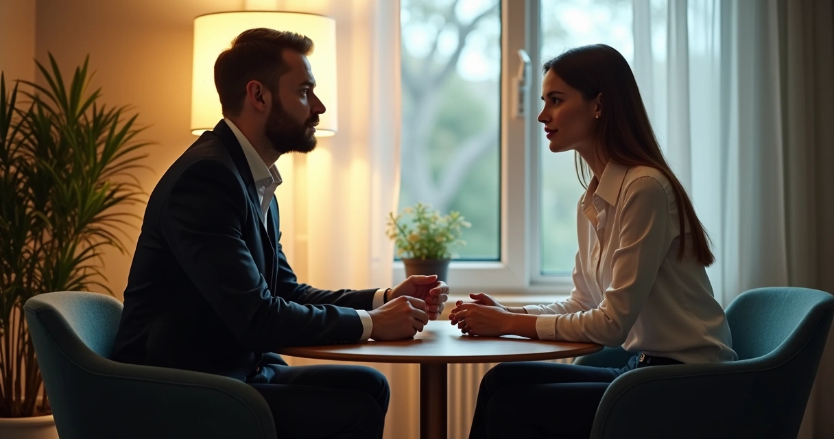 Leader and employee having a focused conversation in a quiet office corner