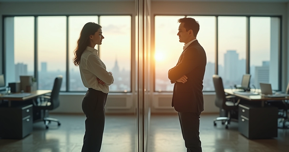 Reflective professional leader facing a mirror with confident and sabotaging versions of self 