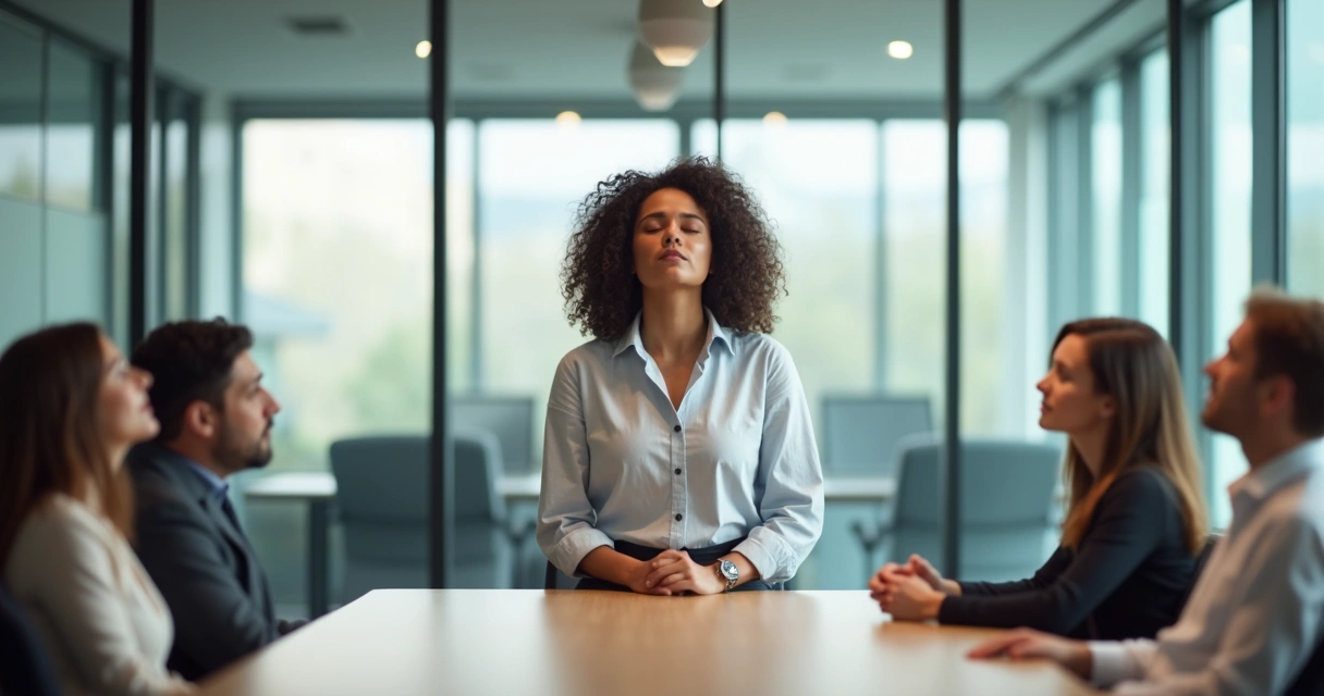 Leader pausing and taking a breath before a team discussion