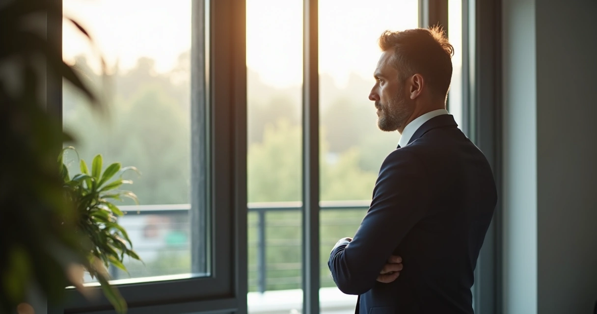 Leader pausing at window, reflecting quietly before meeting 