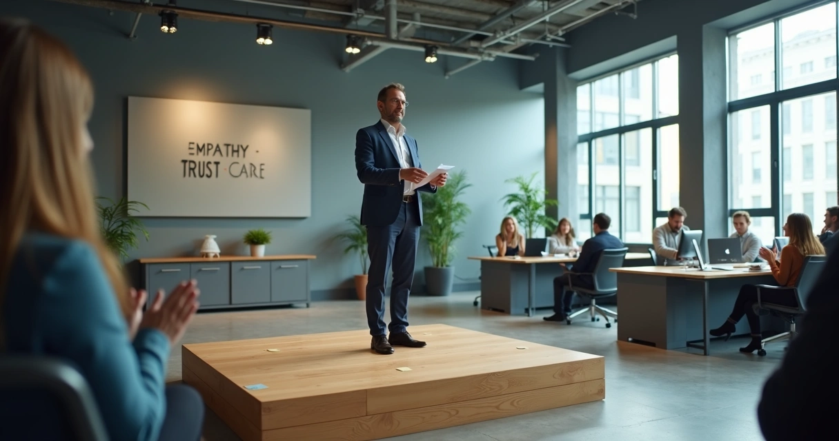 Leader on a small stage showing scripted empathy while team observes quietly 