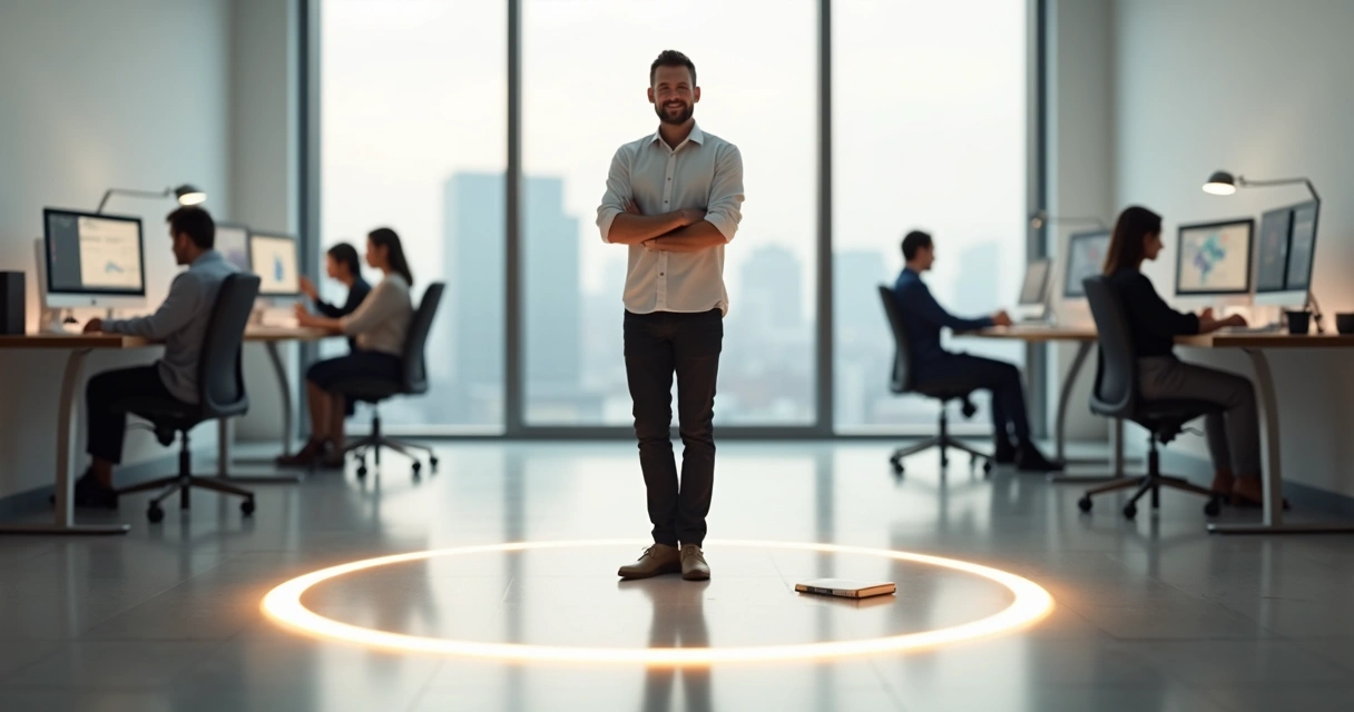 Business leader standing behind a clear boundary line between work and personal space 