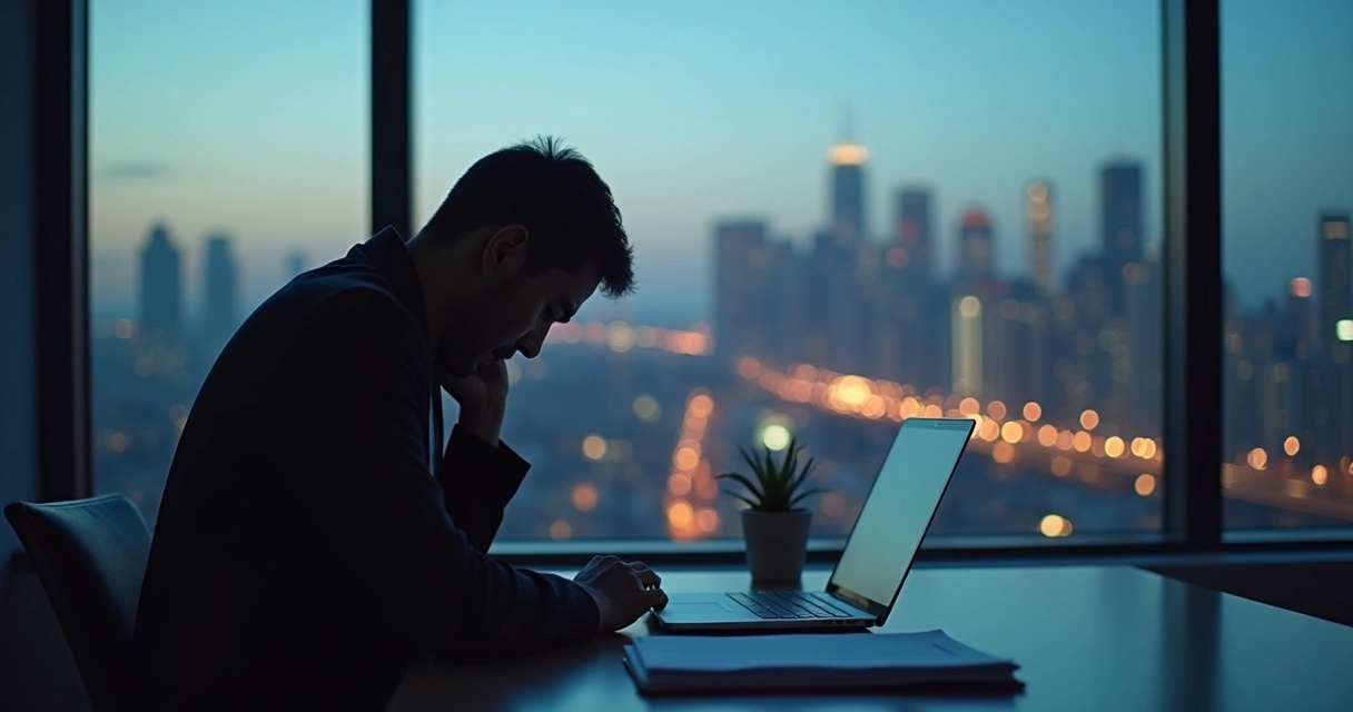 Leader looking out office window alone 