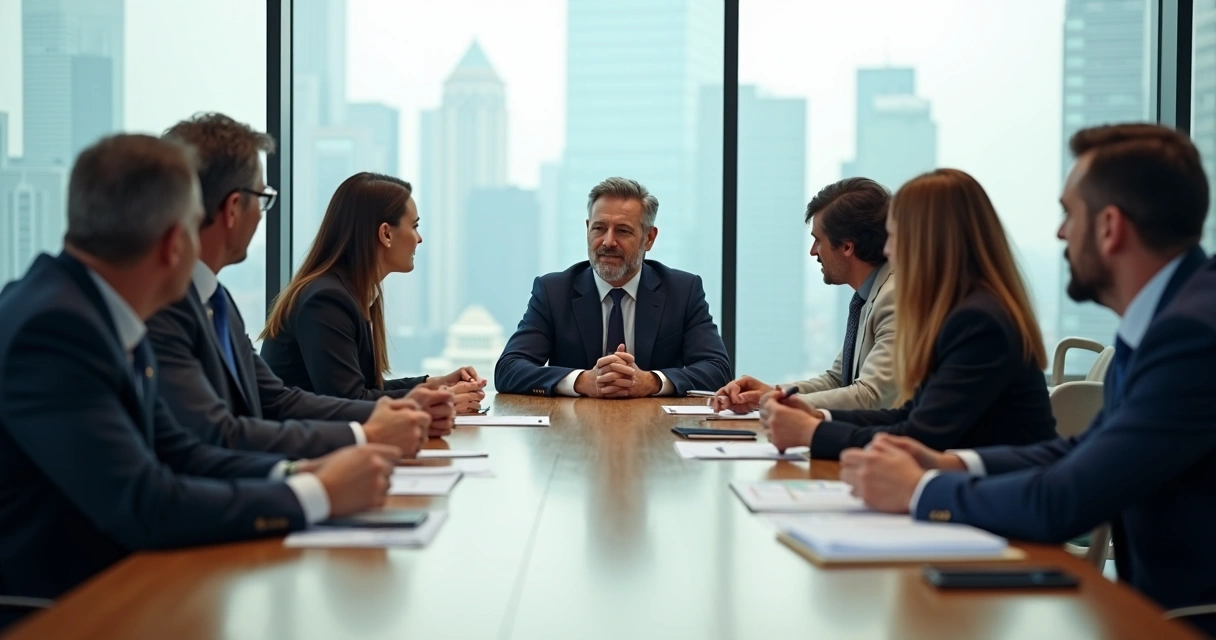 Executives in a meeting with subtle power dynamics at the table 